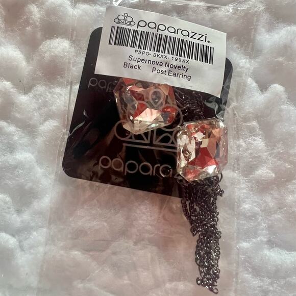 NWT paparazzi supernova novelty black stud earrings big clear gems dangle chains - Picture 3 of 3